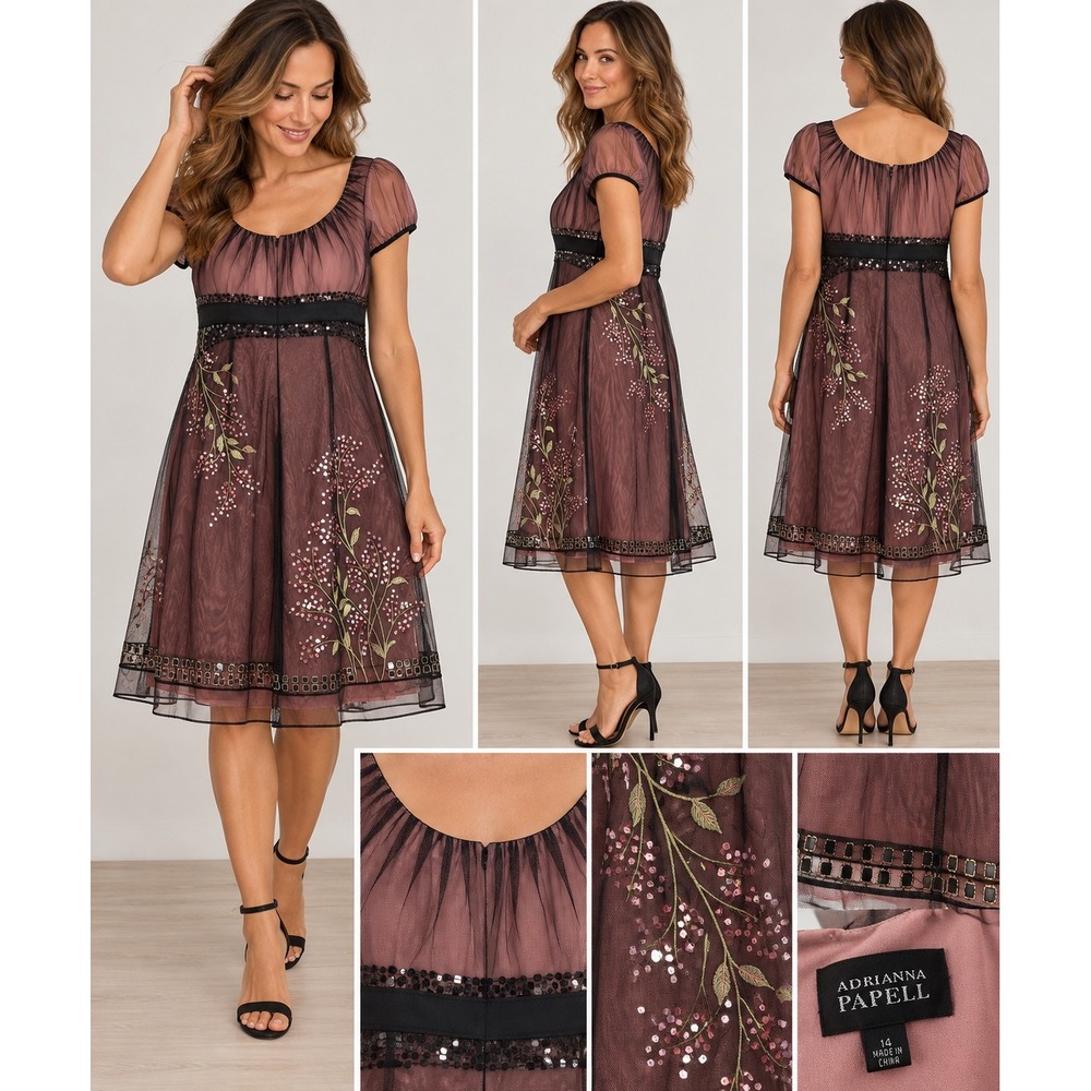 Adrianna Papell Embroidered Mesh Empire Waist Dress Rose Black 14 Whimsigoth